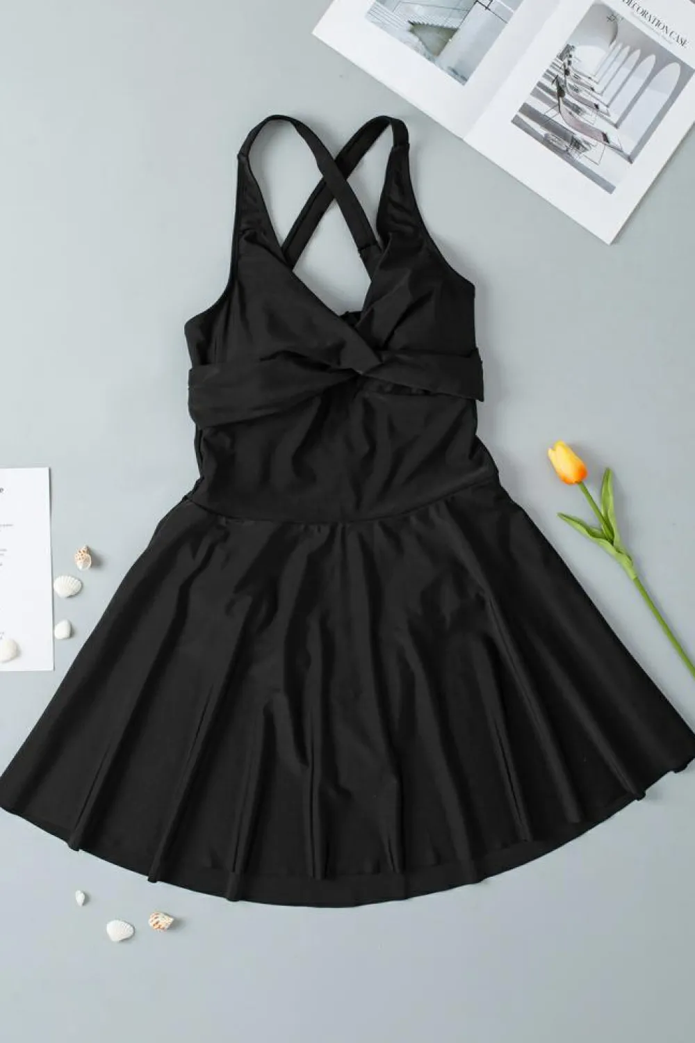 Sale Dear-Lover Crisscross Straps Tie Back Flared One Piece Swimsuit Black