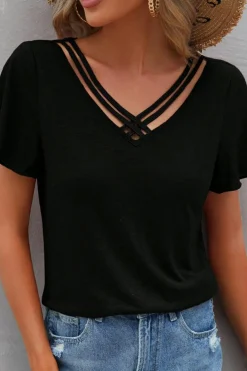 Discount Dear-Lover Crisscross V Neck Butterfly Sleeve T Shirt Black