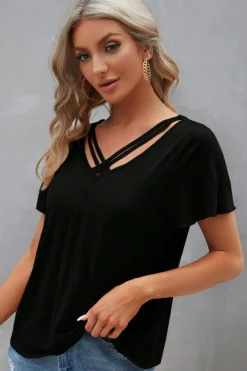 Discount Dear-Lover Crisscross V Neck Butterfly Sleeve T Shirt Black