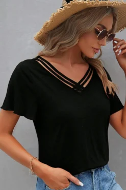 Discount Dear-Lover Crisscross V Neck Butterfly Sleeve T Shirt Black