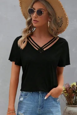 Discount Dear-Lover Crisscross V Neck Butterfly Sleeve T Shirt Black
