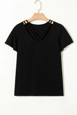 Discount Dear-Lover Crisscross V Neck Butterfly Sleeve T Shirt Black