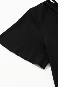 Discount Dear-Lover Crisscross V Neck Butterfly Sleeve T Shirt Black