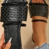 Fashion Dear-Lover Crochet Dual Straps Square Toe Flat Slippers Black