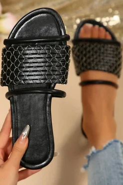 Fashion Dear-Lover Crochet Dual Straps Square Toe Flat Slippers Black