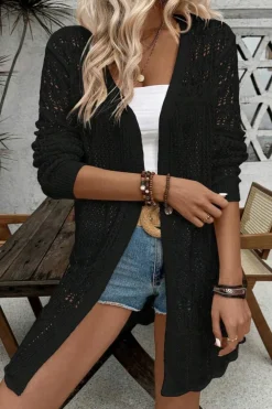 Discount Dear-Lover Crochet Hollow Out Open Front Cardigan Black
