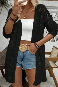 Discount Dear-Lover Crochet Hollow Out Open Front Cardigan Black