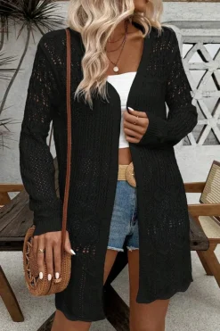 Discount Dear-Lover Crochet Hollow Out Open Front Cardigan Black