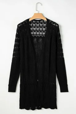 Discount Dear-Lover Crochet Hollow Out Open Front Cardigan Black
