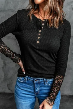 Best Dear-Lover Crochet Lace Hem Sleeve Button Top Black