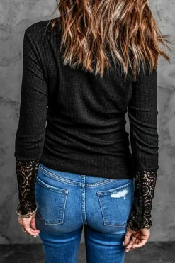 Best Dear-Lover Crochet Lace Hem Sleeve Button Top Black