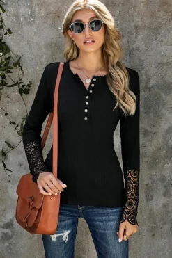 Best Dear-Lover Crochet Lace Hem Sleeve Button Top Black