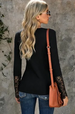 Best Dear-Lover Crochet Lace Hem Sleeve Button Top Black
