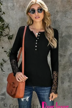 Best Dear-Lover Crochet Lace Hem Sleeve Button Top Black