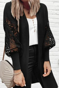 Hot Dear-Lover Crochet Lace Sleeve Ribbed Knit Cardigan Black