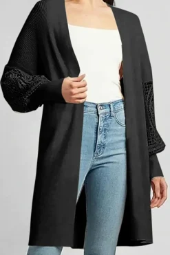 Hot Dear-Lover Crochet Lace Sleeve Ribbed Knit Cardigan Black