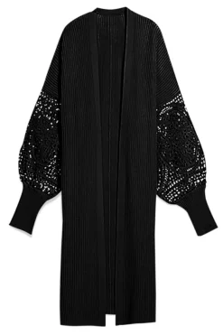 Hot Dear-Lover Crochet Lace Sleeve Ribbed Knit Cardigan Black