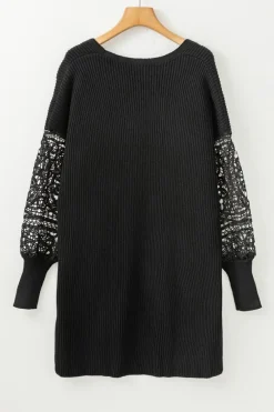 Hot Dear-Lover Crochet Lace Sleeve Ribbed Knit Cardigan Black