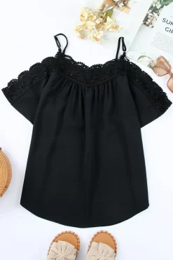 Best Dear-Lover Crochet Neckline Off-shoulder Short Sleeve Top Black