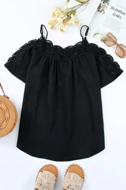 Best Dear-Lover Crochet Neckline Off-shoulder Short Sleeve Top Black