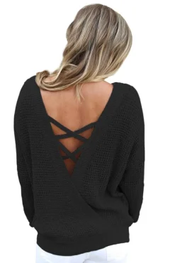 Fashion Dear-Lover Cross Back Hollow-out Sweater Black