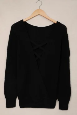 Fashion Dear-Lover Cross Back Hollow-out Sweater Black
