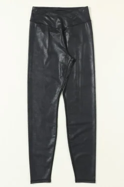Clearance Dear-Lover Crossed Dip Waist Sleek Leather Leggings Black