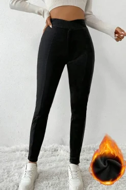 Discount Dear-Lover Crossed Waist Seamed Leg Thermal Leggings Black