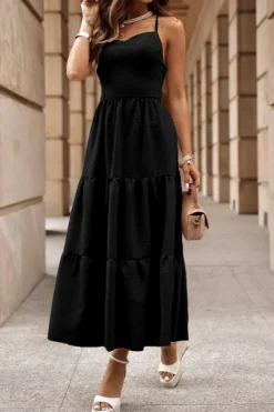 Hot Dear-Lover Crossover Backless Bodice Tiered Maxi Dress Black