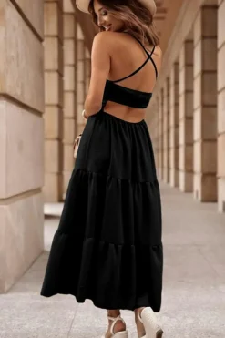 Hot Dear-Lover Crossover Backless Bodice Tiered Maxi Dress Black