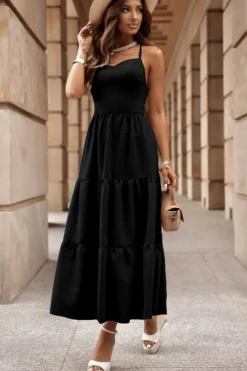 Hot Dear-Lover Crossover Backless Bodice Tiered Maxi Dress Black