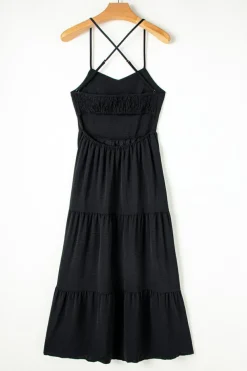 Hot Dear-Lover Crossover Backless Bodice Tiered Maxi Dress Black