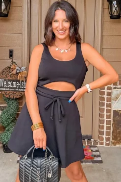 Sale Dear-Lover Cut Out Front High Waist Tank Mini Dress Black