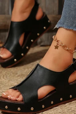 Outlet Dear-Lover Cut Out PU Leather Wedge Slippers Black