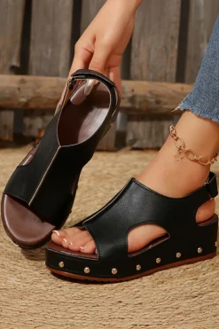 Outlet Dear-Lover Cut Out PU Leather Wedge Slippers Black