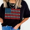 Clearance Dear-Lover Cute Flowers Make Up American Flag Trendy Graphic T Shirt Black