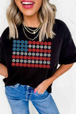 Clearance Dear-Lover Cute Flowers Make Up American Flag Trendy Graphic T Shirt Black