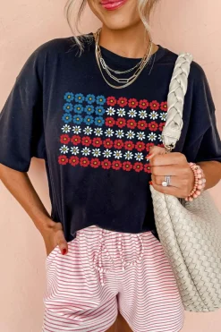 Clearance Dear-Lover Cute Flowers Make Up American Flag Trendy Graphic T Shirt Black