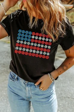 Clearance Dear-Lover Cute Flowers Make Up American Flag Trendy Graphic T Shirt Black
