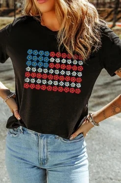 Clearance Dear-Lover Cute Flowers Make Up American Flag Trendy Graphic T Shirt Black