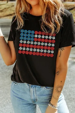 Clearance Dear-Lover Cute Flowers Make Up American Flag Trendy Graphic T Shirt Black