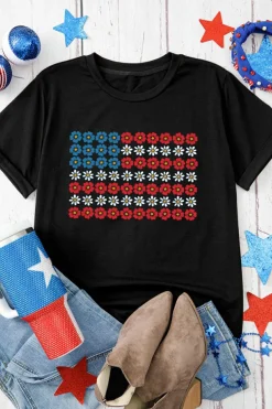 Clearance Dear-Lover Cute Flowers Make Up American Flag Trendy Graphic T Shirt Black