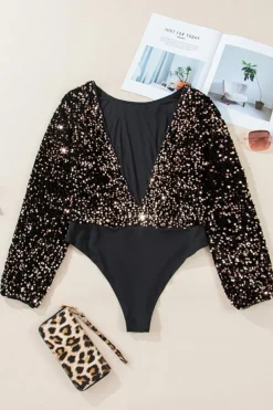 Fashion Dear-Lover Deep V Back Sequin Puff Sleeve Bodysuit Black