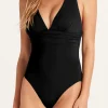 Sale Dear-Lover Deep V Neck Crossover Backless Ruched High Cut Monokini Black