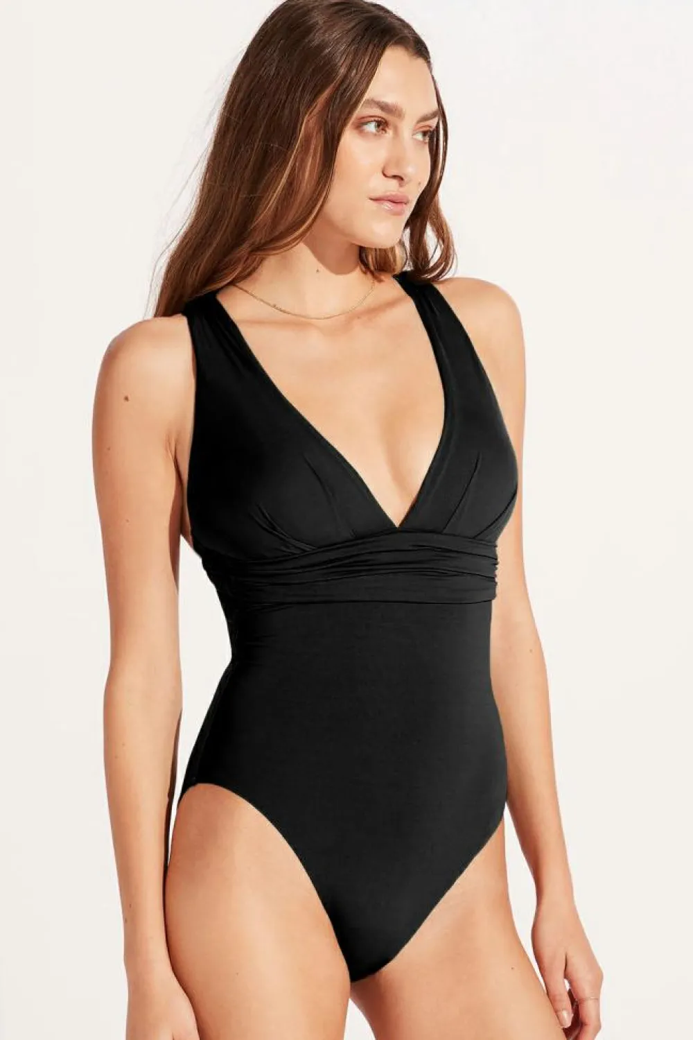 Sale Dear-Lover Deep V Neck Crossover Backless Ruched High Cut Monokini Black