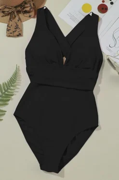 Sale Dear-Lover Deep V Neck Crossover Backless Ruched High Cut Monokini Black