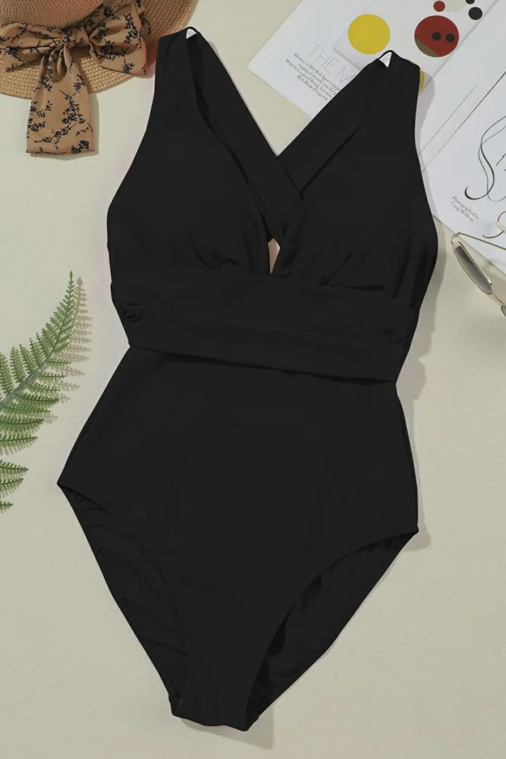 Sale Dear-Lover Deep V Neck Crossover Backless Ruched High Cut Monokini Black