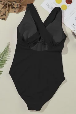 Sale Dear-Lover Deep V Neck Crossover Backless Ruched High Cut Monokini Black