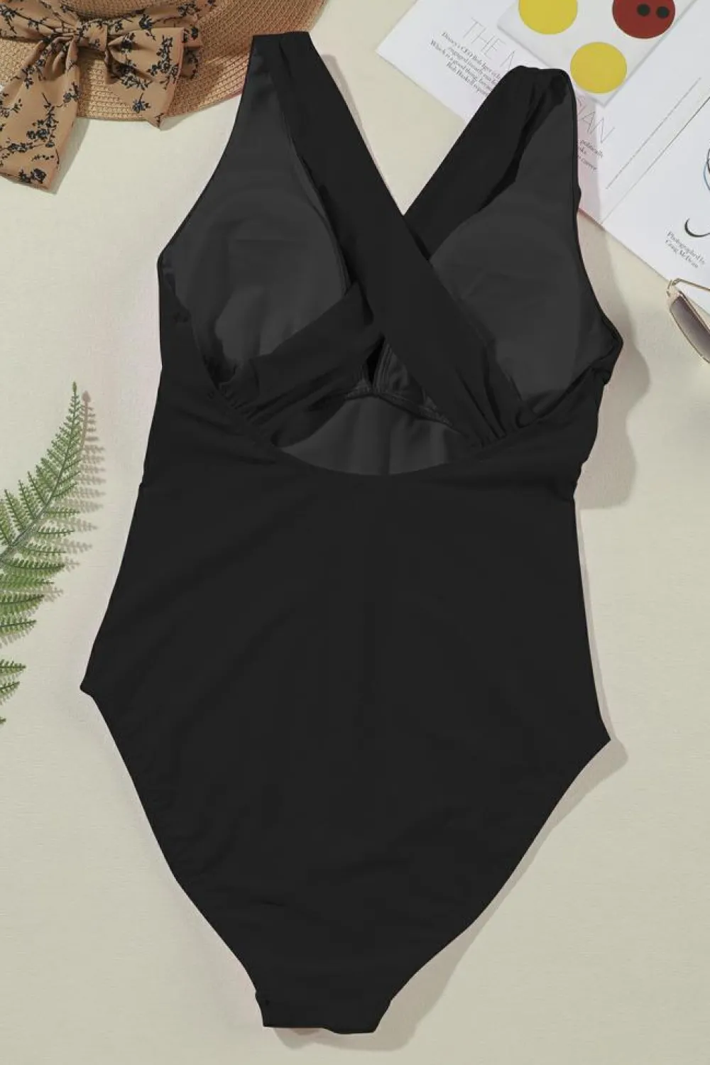 Sale Dear-Lover Deep V Neck Crossover Backless Ruched High Cut Monokini Black