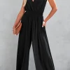 Outlet Dear-Lover Deep V Pleated Crisscross Wide Leg Backless Jumpsuit Black